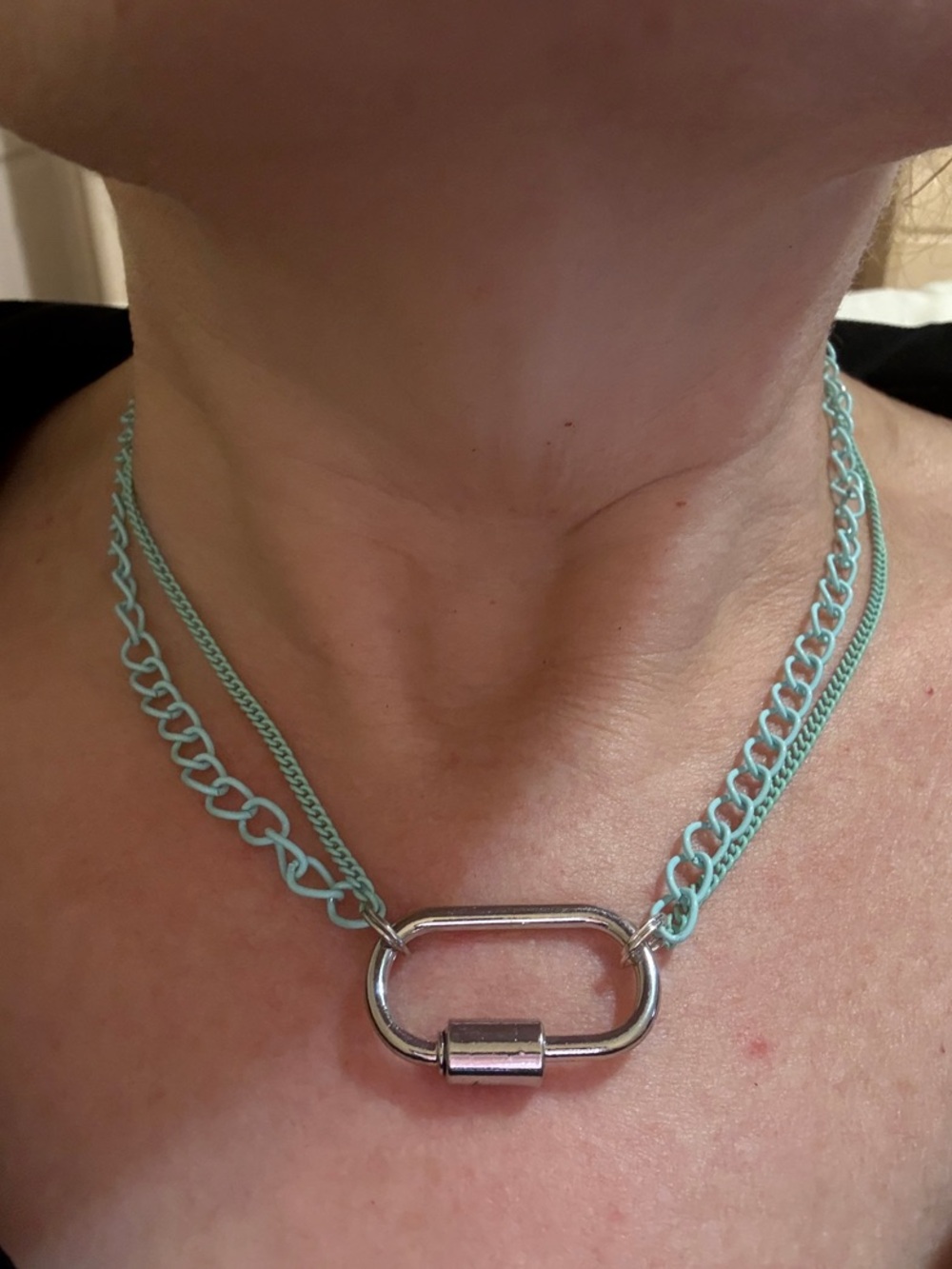 Hand-Crafted Baby Blue Chain Necklace with Silver Carabiner Pendant
